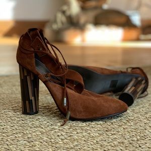 Wrap around brown suede heels